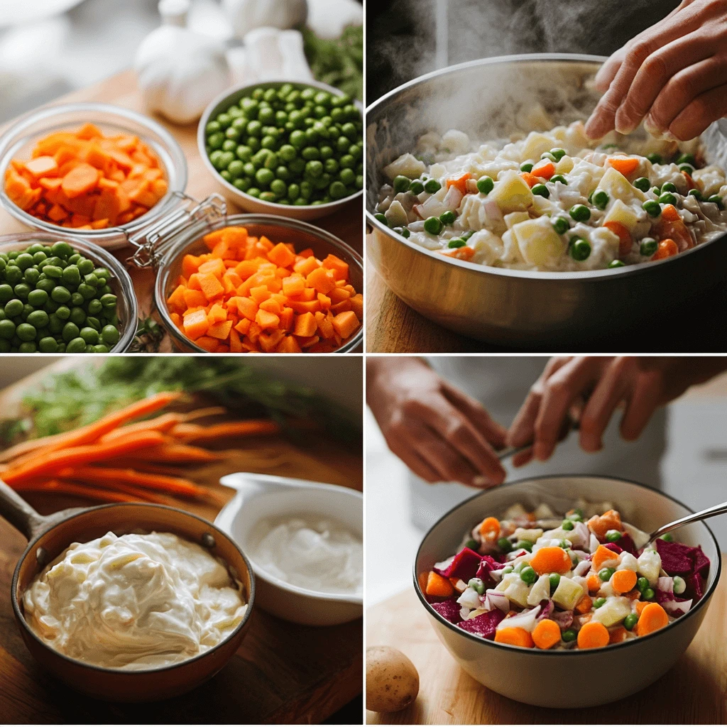 A step-by-step collage showing the preparation of Dominican Potato Salad, featuring fresh ingredients, boiling, mixing, and the final dish.