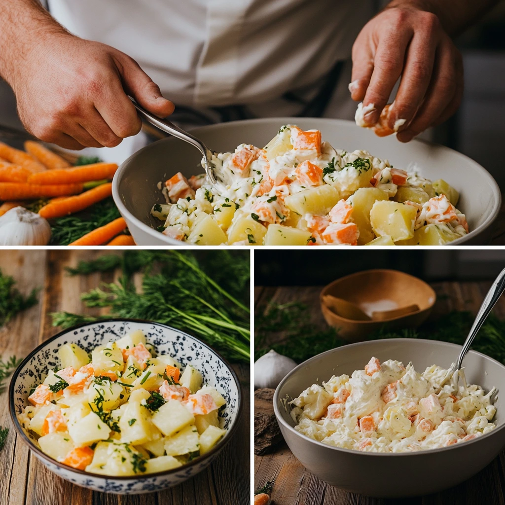 A series of images showing the preparation and presentation of Ensalada Rusa, featuring a bowl of mixed ingredients, chopped potatoes, carrots, and garnished with fresh herbs.