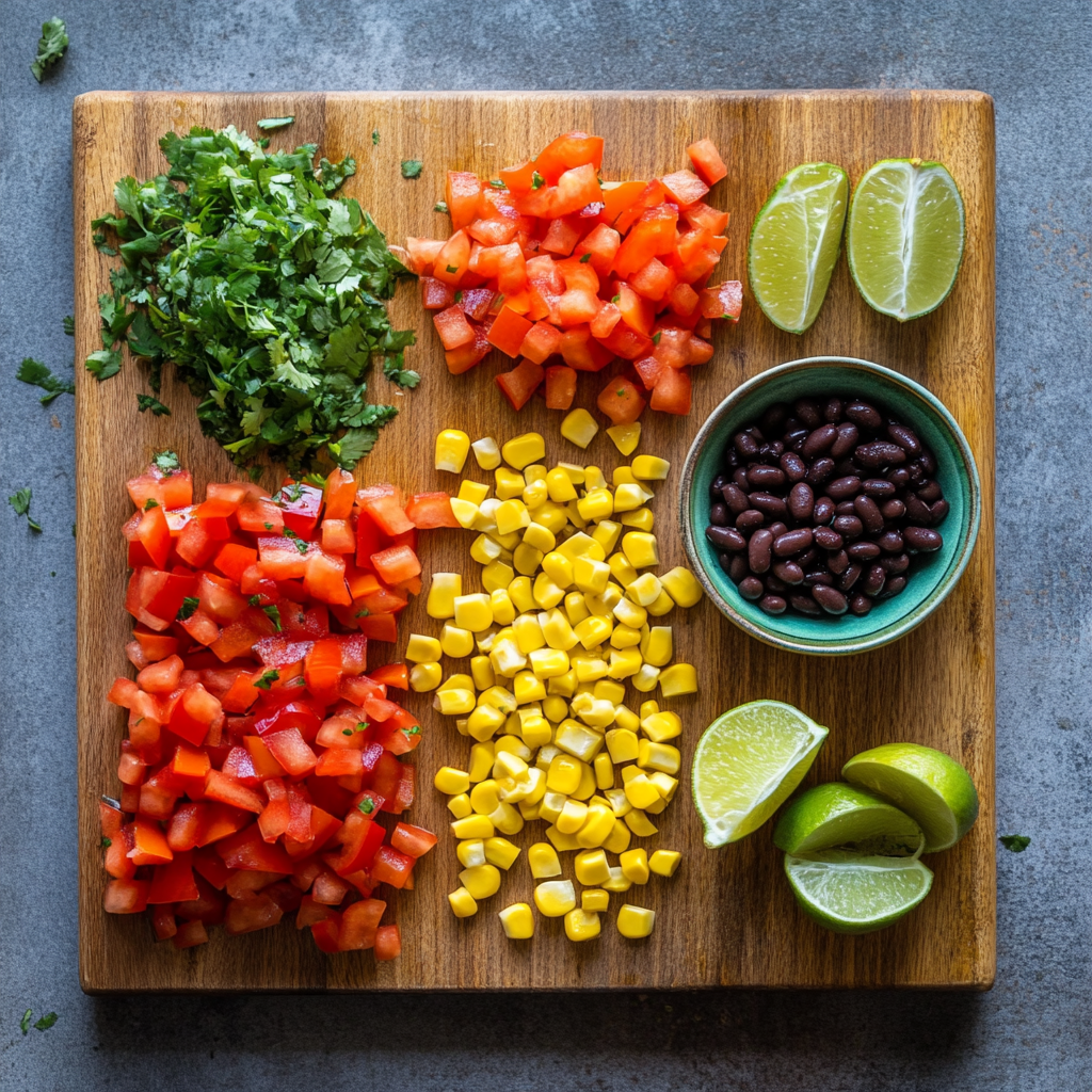 Freshly chopped vegetables, black beans, and lime wedges arranged neatly on a wooden cutting board for preparing a vibrant Mexican salad.