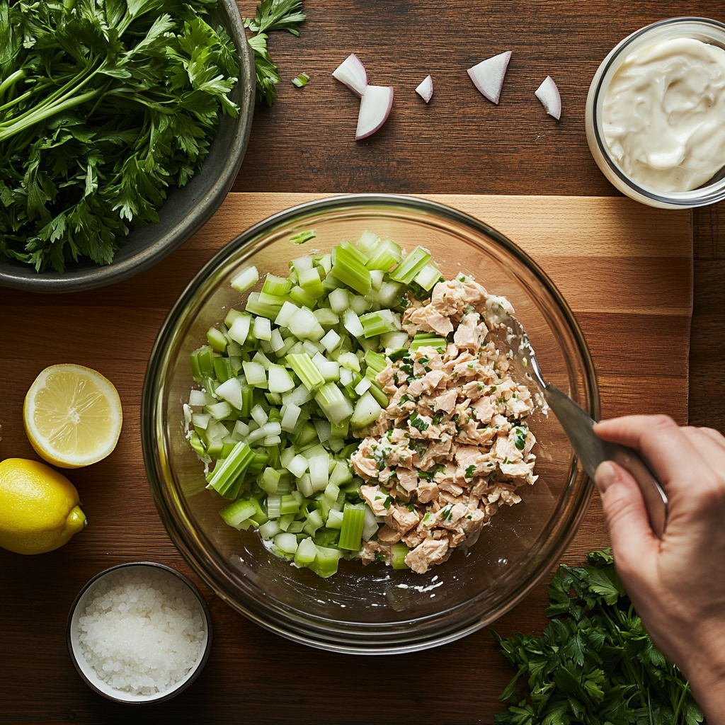 A bowl of tuna, diced celery, and parsley being mixed with a spoon, surrounded by fresh ingredients like lemon, parsley, red onion, and mayonnaise.