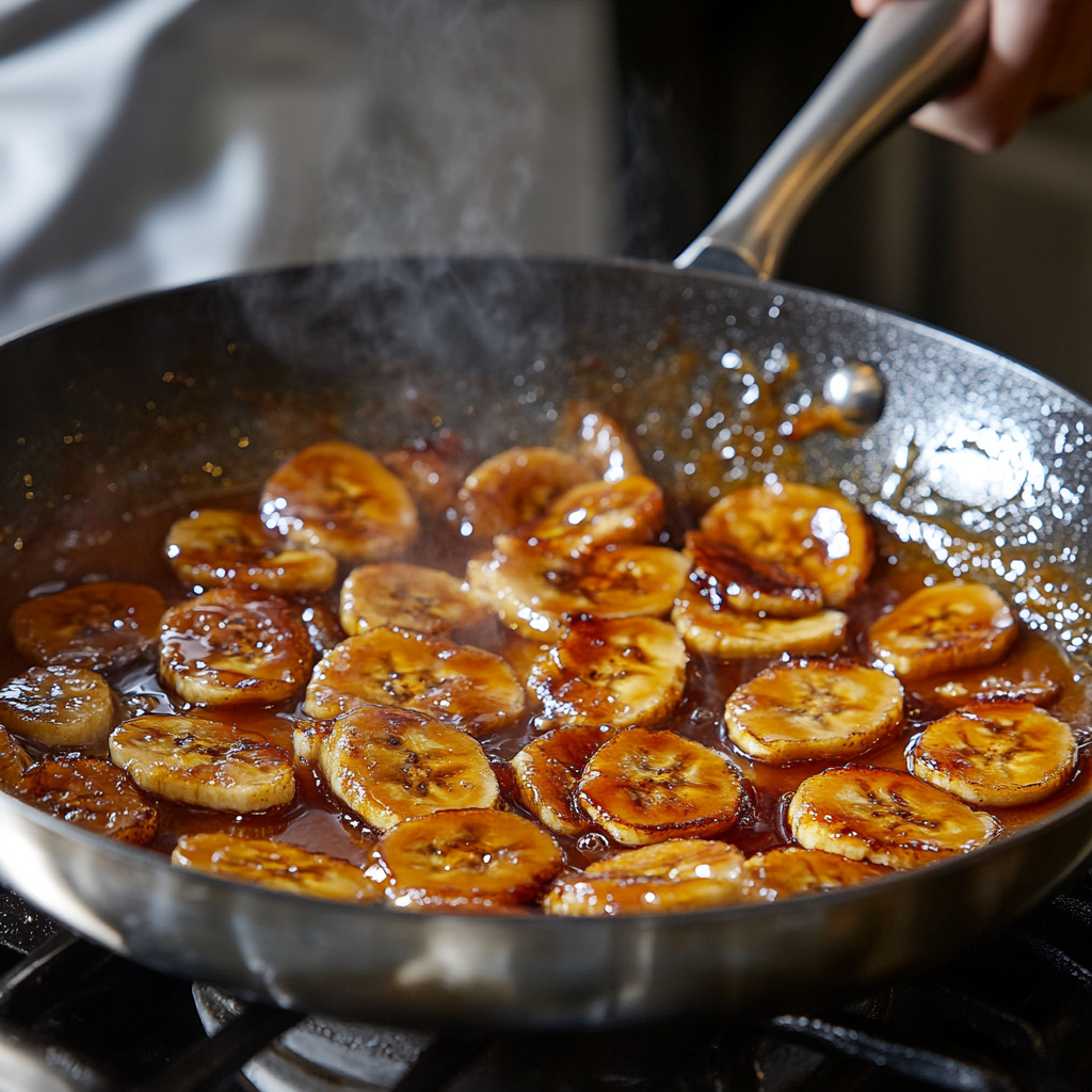 Sliced bananas caramelizing in a skillet with a rich, sugary sauce, emitting steam as they cook.
