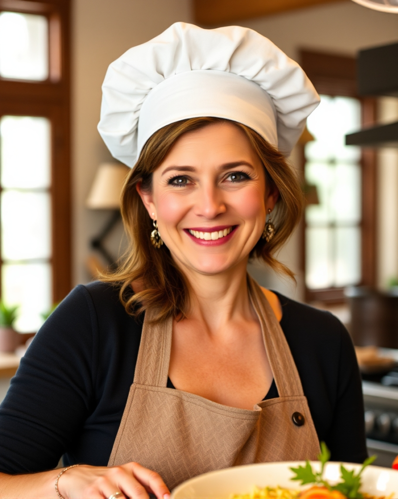 A smiling female chef wearing a white chef's hat and a brown apron, standing in a cozy kitchen with a plate of food in front of her.