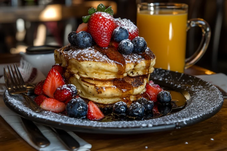 A delicious stack of golden-brown pancakes topped with fresh strawberries, blueberries, and powdered sugar, drizzled with syrup, and served on a black plate with a glass of orange juice in the background.