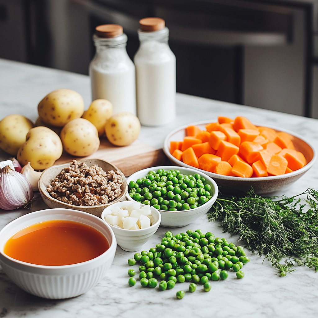Fresh ingredients for Shepherd's Pie, including potatoes, ground meat, peas, carrots, garlic, broth, and fresh herbs, arranged on a marble kitchen counter.