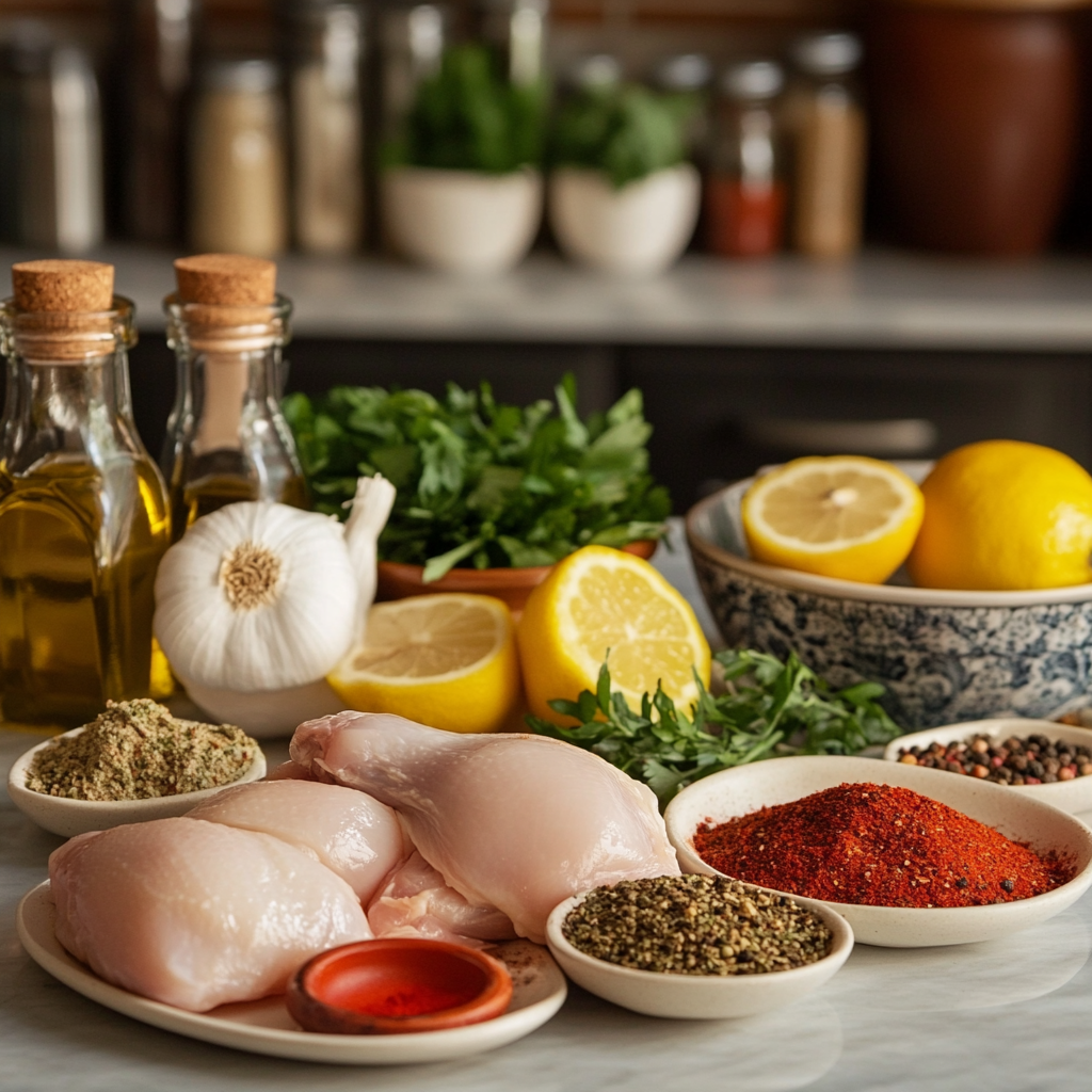 Fresh chicken pieces surrounded by a variety of herbs, spices, lemons, garlic, and olive oil on a kitchen countertop.