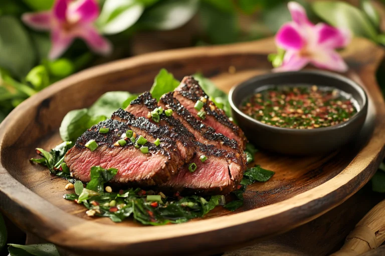 Beautifully grilled Pulehu-style meat served on a wooden platter with fresh greens and a side of dipping sauce.
