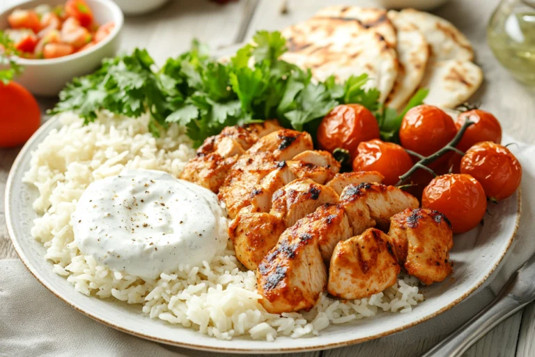 A plate of Chicken Adana served with white rice, grilled cherry tomatoes, fresh herbs, yogurt sauce, and flatbread in the background.