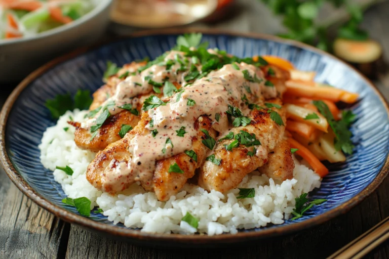 A beautifully plated Chicken Nanban dish served over steamed rice with tartar sauce and garnished with fresh herbs.