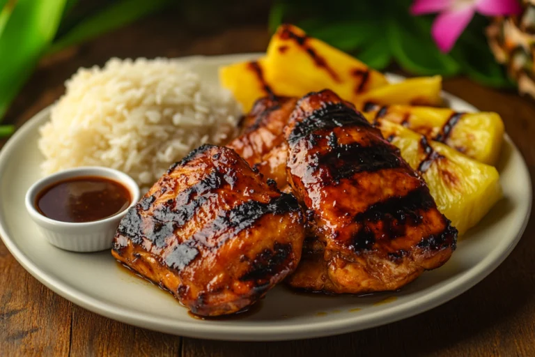 A plate of Huli Huli chicken served with grilled pineapple, white rice, and a side of sauce.