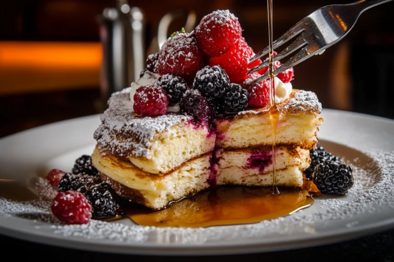 A stack of fluffy pancakes topped with fresh raspberries, blackberries, and powdered sugar, drizzled with syrup.