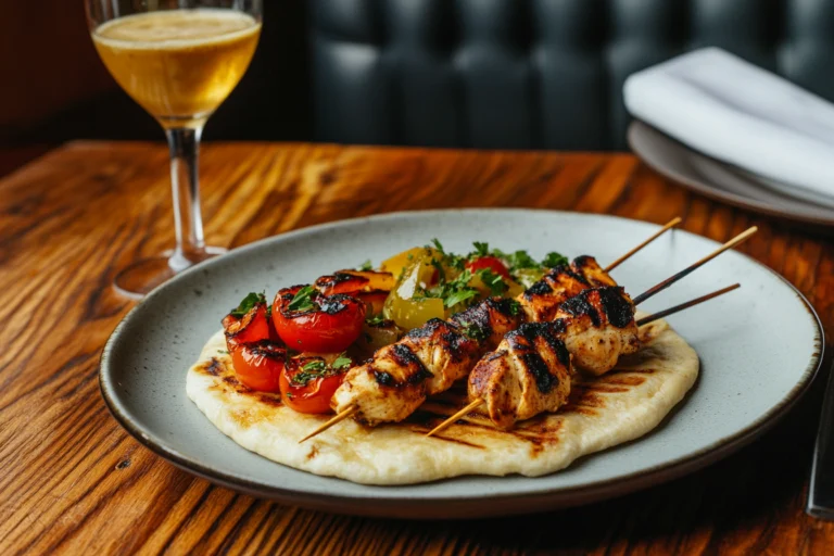 A beautifully plated Tavuk Adana dish with grilled chicken skewers, roasted tomatoes, peppers, fresh herbs, and warm flatbread on a rustic wooden table, accompanied by a glass of chilled beverage.