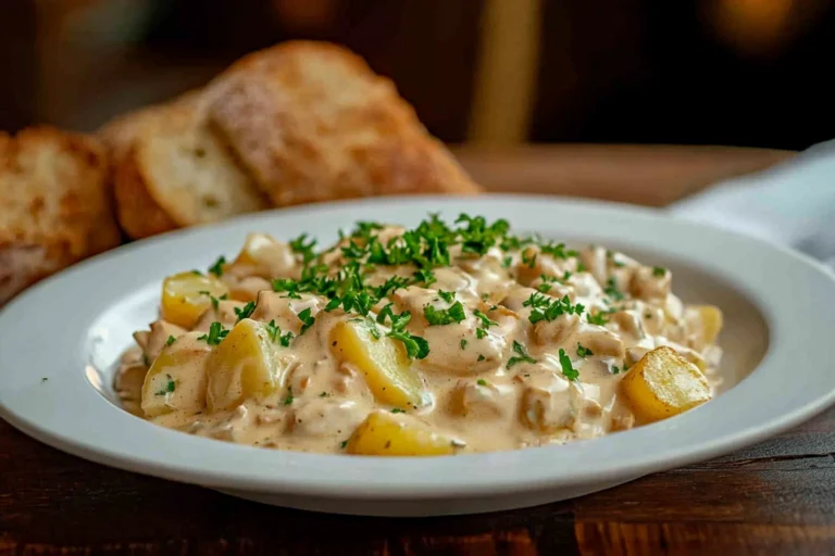 A beautifully plated dish of creamy Stroganoff with potatoes and fresh parsley garnish.