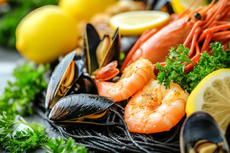 A vibrant seafood dish featuring black spaghetti, prawns, mussels, fresh parsley, and lemon slices.