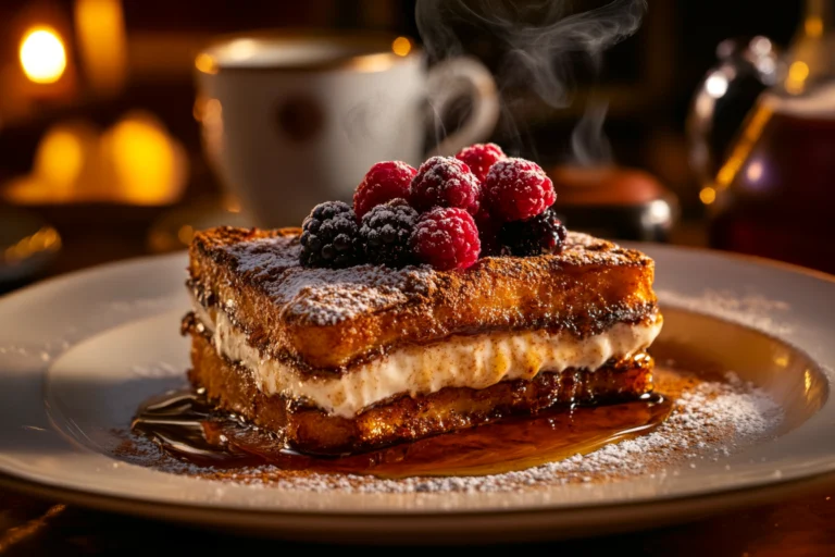 A plate of homemade French toast with a golden crust, sprinkled with cinnamon, garnished with fresh berries, and drizzled with honey. A cozy kitchen setting with warm lighting and a steaming cup of coffee in the background.