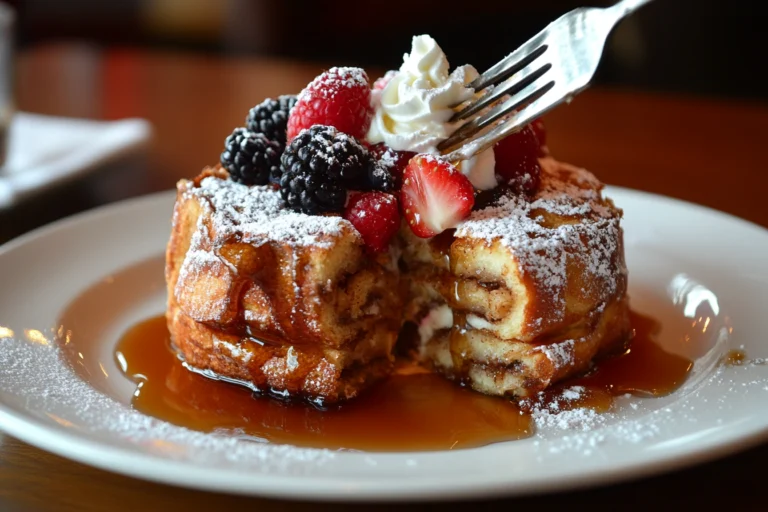 A beautifully plated stack of cinnamon roll French toast topped with fresh berries, whipped cream, and powdered sugar, drizzled with maple syrup.