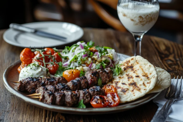 Close-up of skewered Adana kebabs grilling over glowing charcoal with smoke rising.