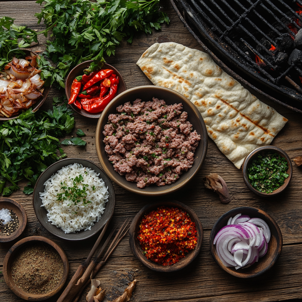 Ingredients for authentic Adana kebab including minced lamb, spices, chopped parsley, onions, rice, lavash bread, and a charcoal grill.
