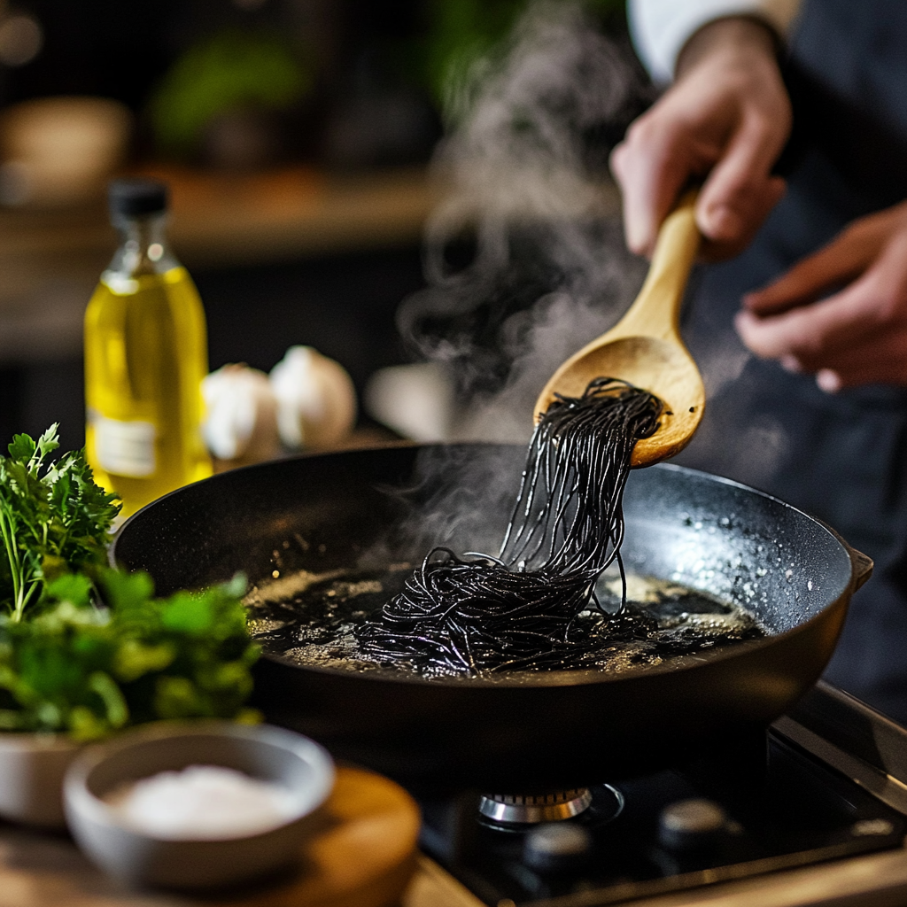 A chef stirring black spaghetti in a hot pan with a wooden spoon, surrounded by fresh parsley, garlic, and a bottle of olive oil.