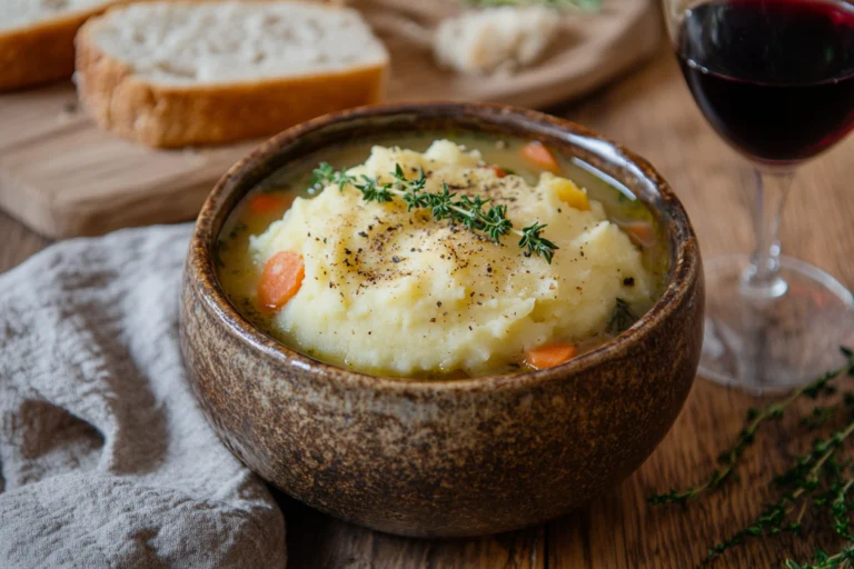 A bowl of Shepherd's Pie Soup topped with mashed potatoes, garnished with thyme, served with bread and red wine.