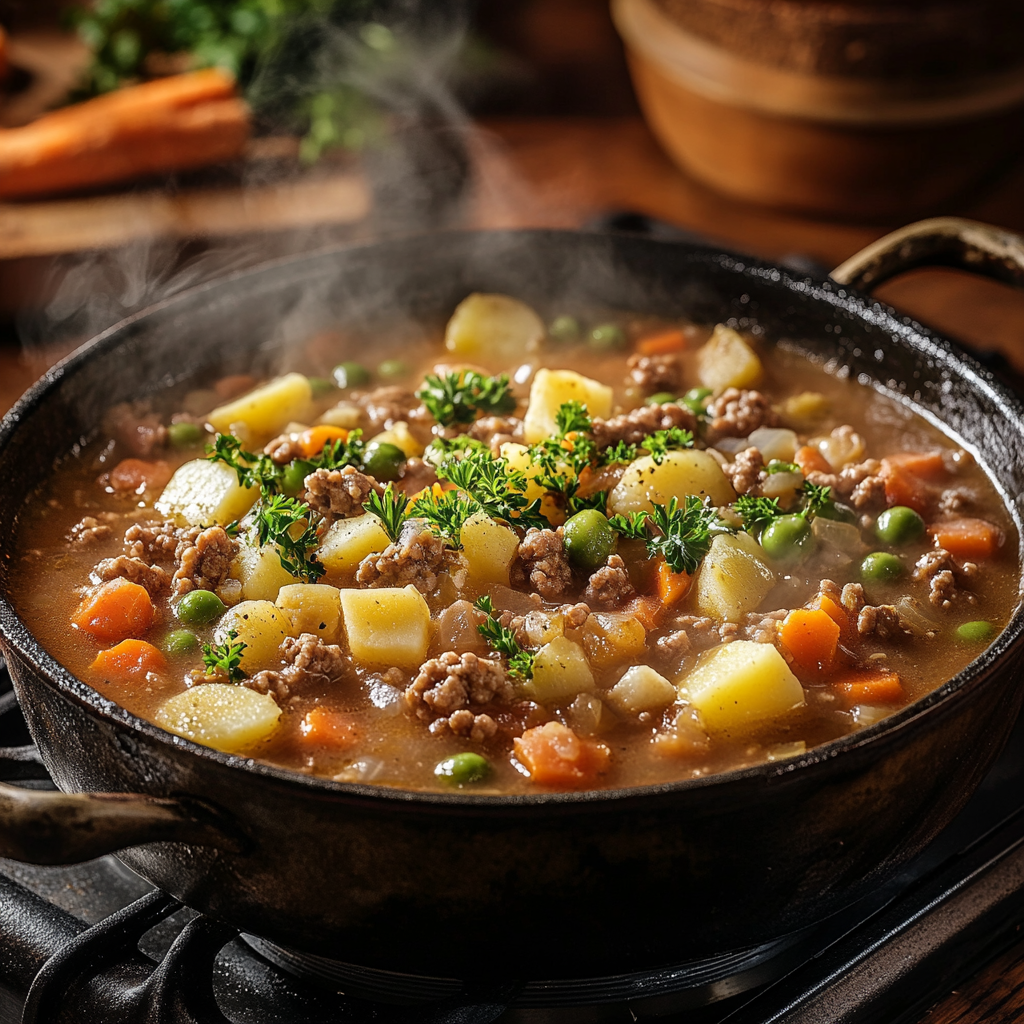 Steaming pot of Shepherd's Pie Soup with chunks of potatoes, carrots, peas, ground meat, and fresh parsley on top.