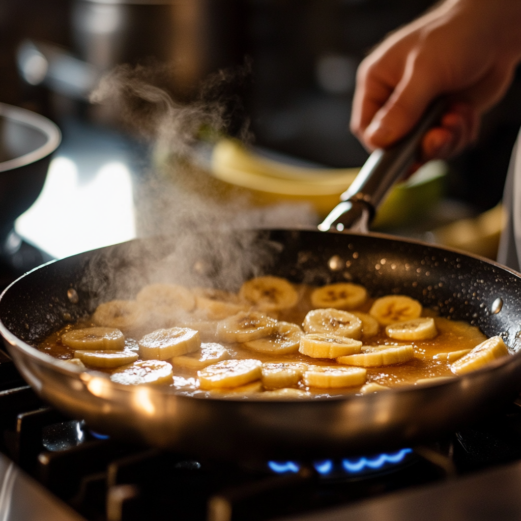 A chef sautéing banana slices in a bubbling caramel sauce in a frying pan on a stovetop.