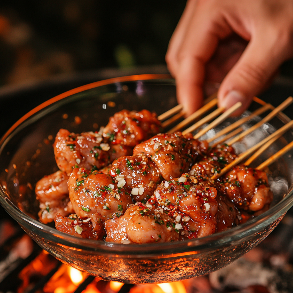 Close-up of marinated Tavuk Adana pieces being skewered by hand over a grill with glowing charcoal.