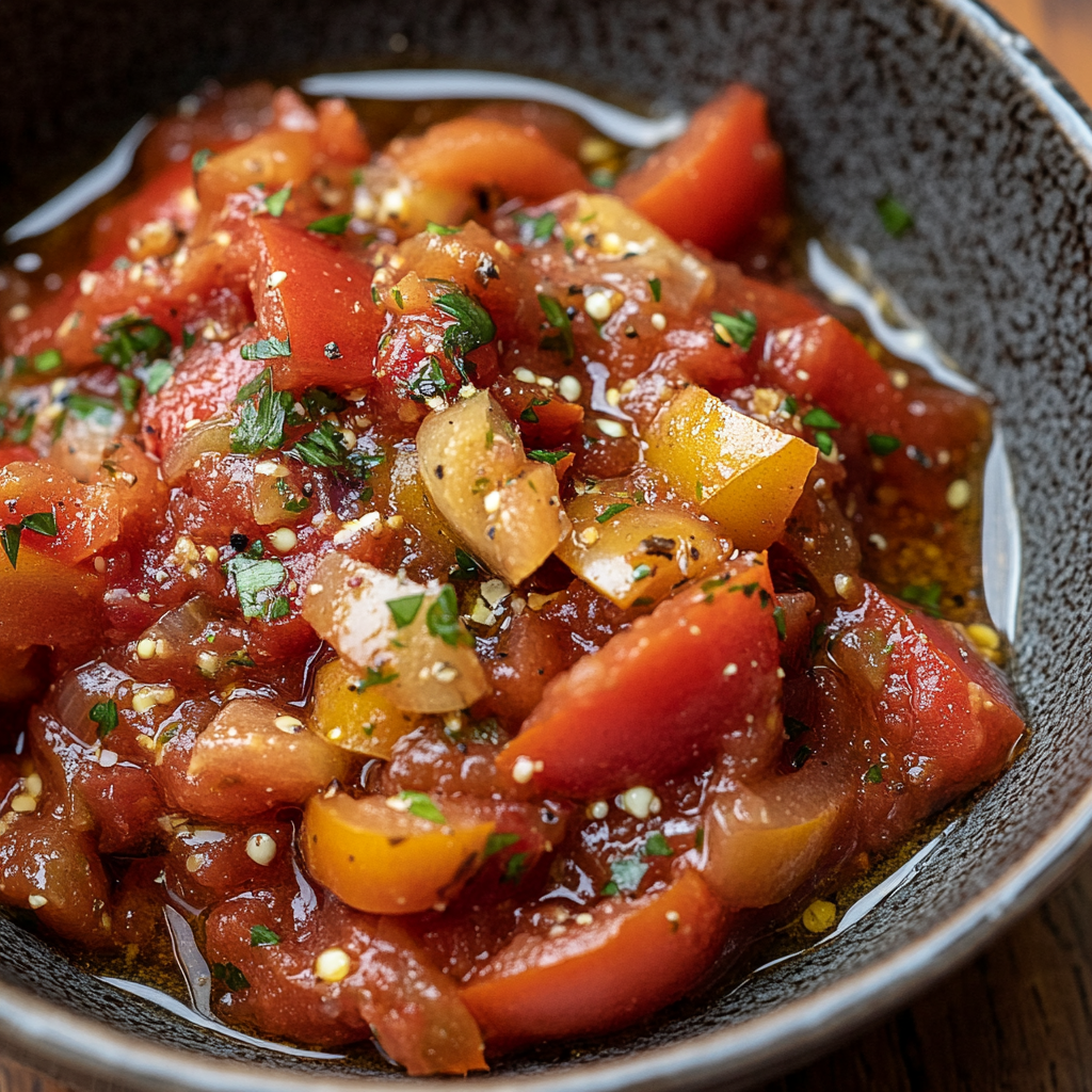 A close-up of a bowl of arrabbiata sauce featuring vibrant red tomatoes, yellow peppers, herbs, and chili flakes.