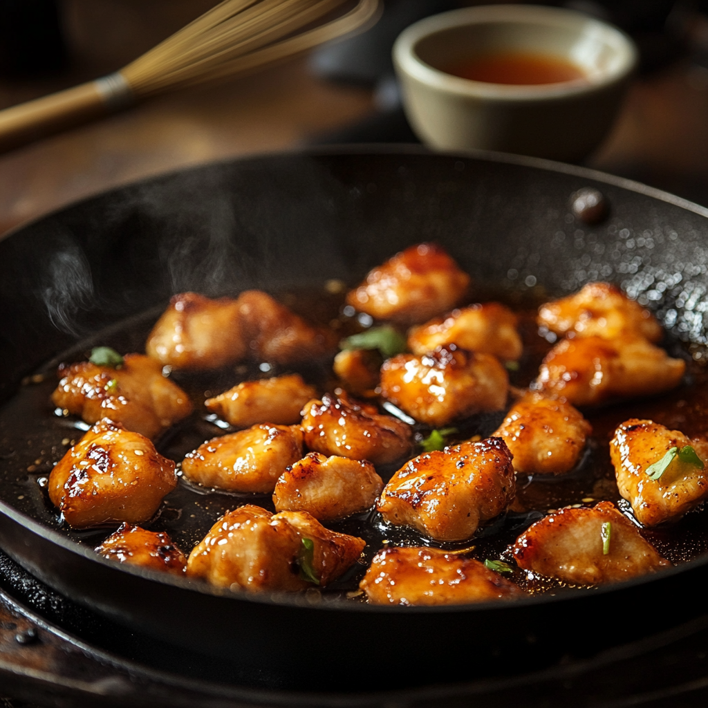 Close-up of golden-brown chicken pieces frying in a pan with a glossy sauce.