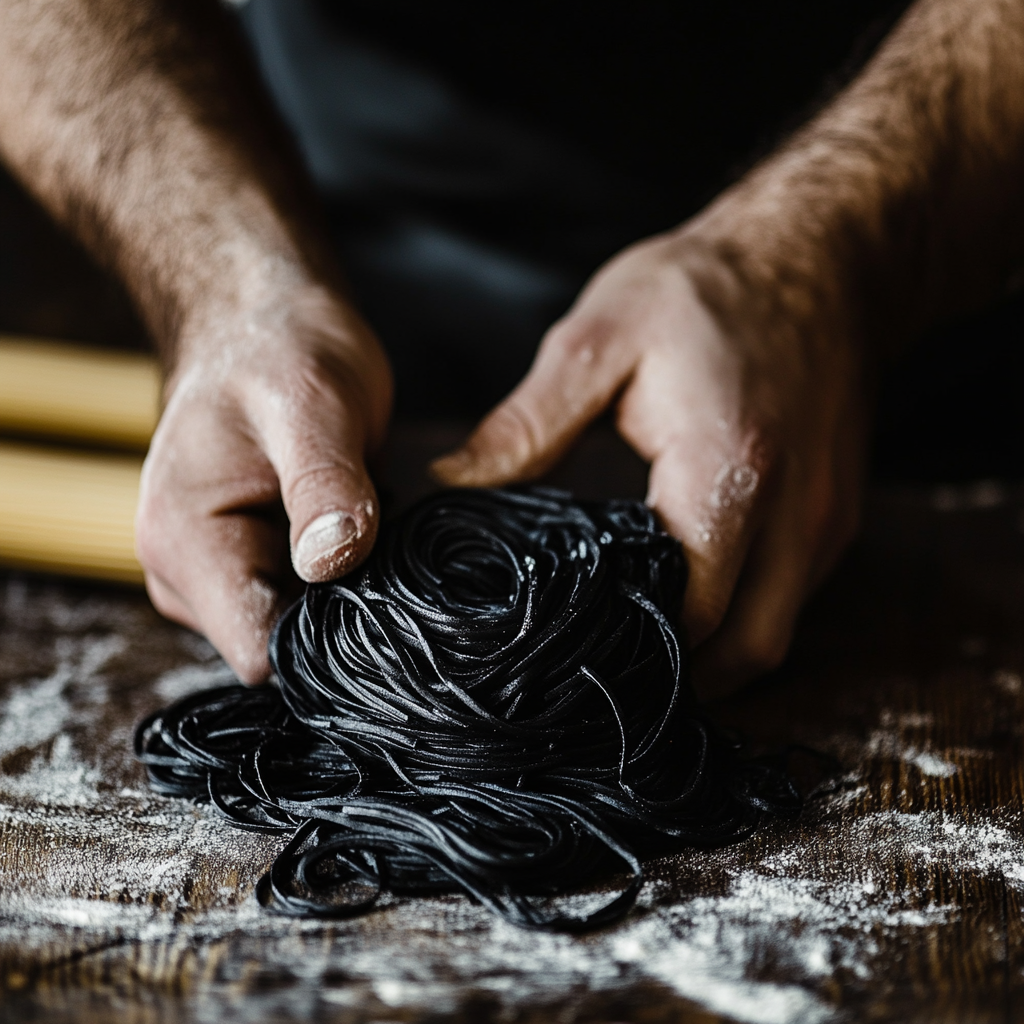 Hands holding freshly prepared black spaghetti on a floured wooden surface.