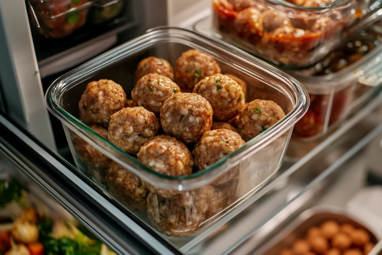 A close-up view of sausage balls neatly stored in a clear glass container inside a refrigerator.