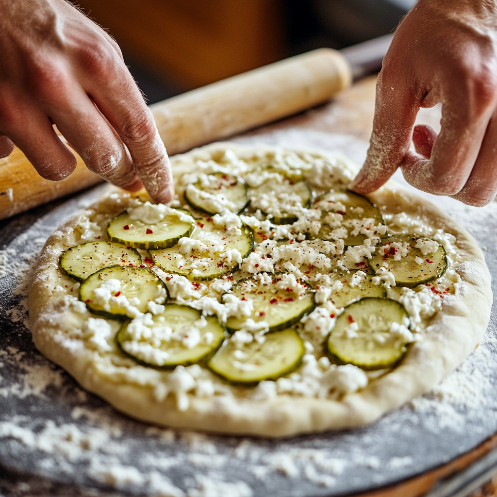 A close-up of a chef's hands assembling a homemade pizza with zucchini slices, crumbled cheese, and seasonings on fresh dough.