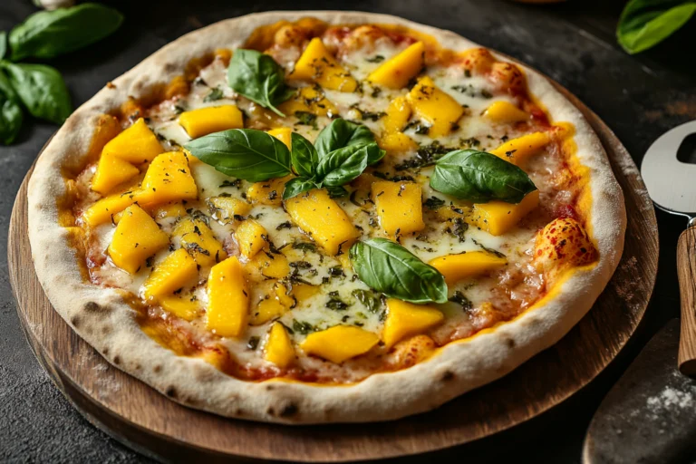 A close-up of a freshly baked mango pizza topped with melted cheese, fresh basil leaves, and herbs on a golden, crispy crust.