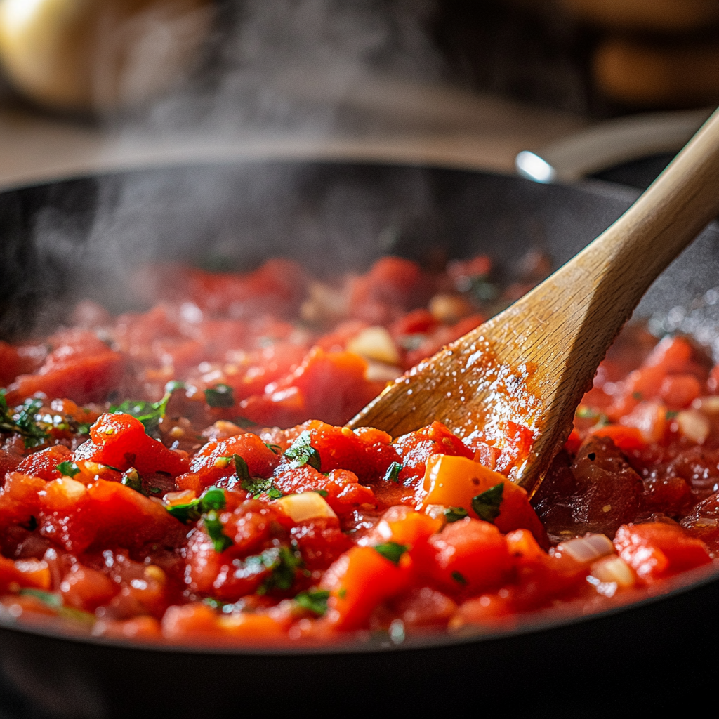Close-up shot of simmering Spaghetti Arrabiata sauce in a pan with tomatoes, garlic, and herbs.