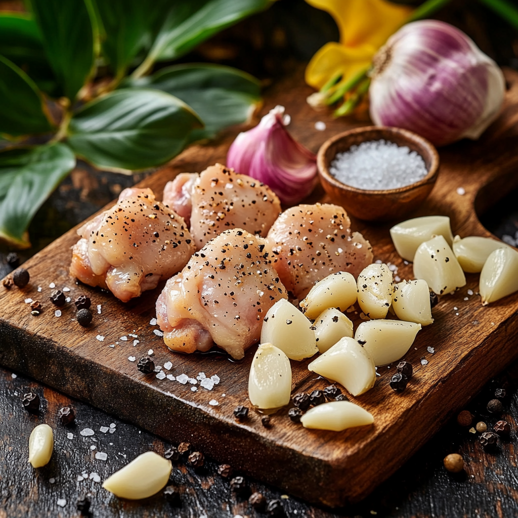 Fresh chicken thighs seasoned with black pepper and surrounded by garlic cloves, sea salt, and black peppercorns, displayed on a rustic wooden board with tropical leaves and garlic bulbs in the background.