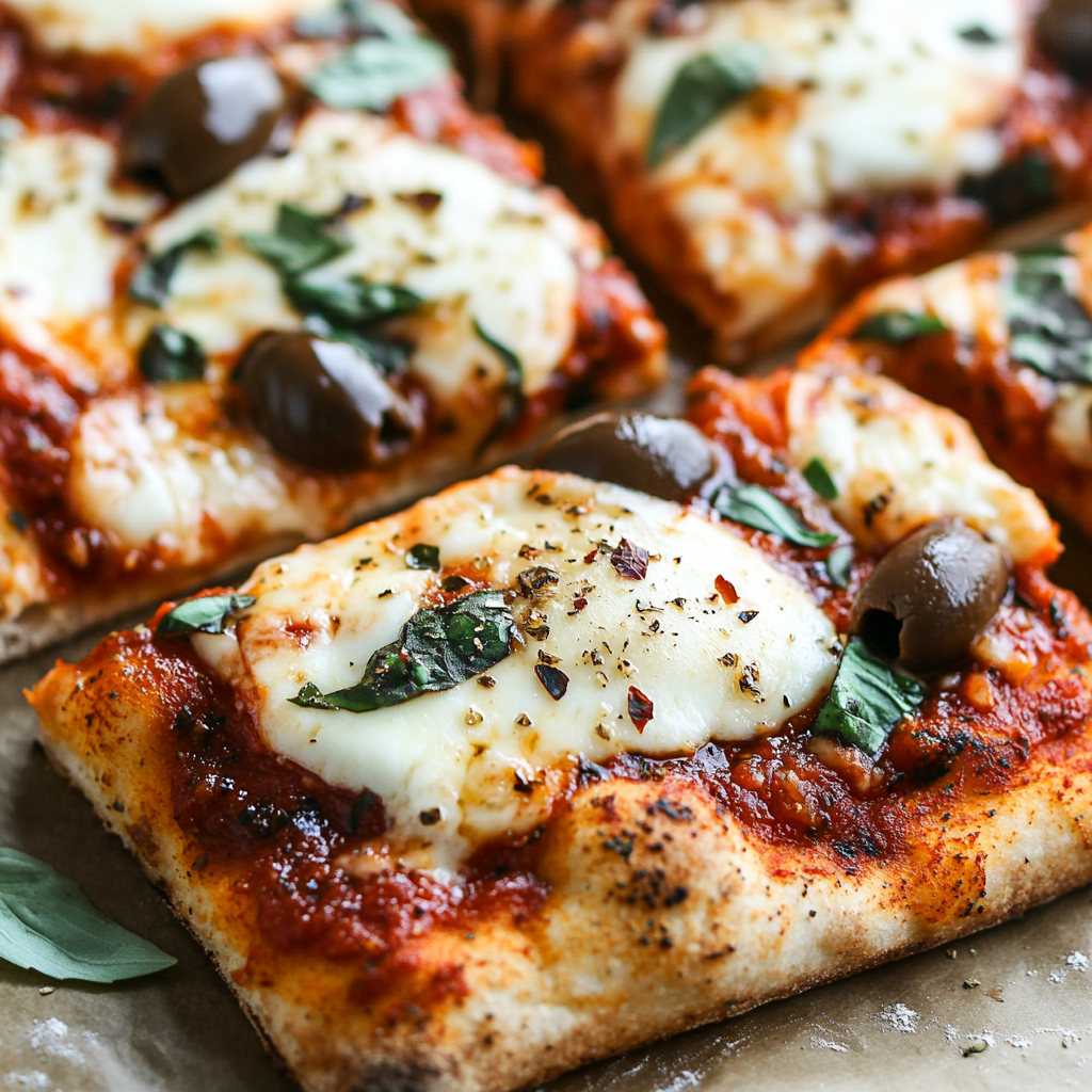 A close-up view of a pizza topped with mozzarella cheese, olives, basil leaves, and sprinkled with oregano and chili flakes, resting on parchment paper.