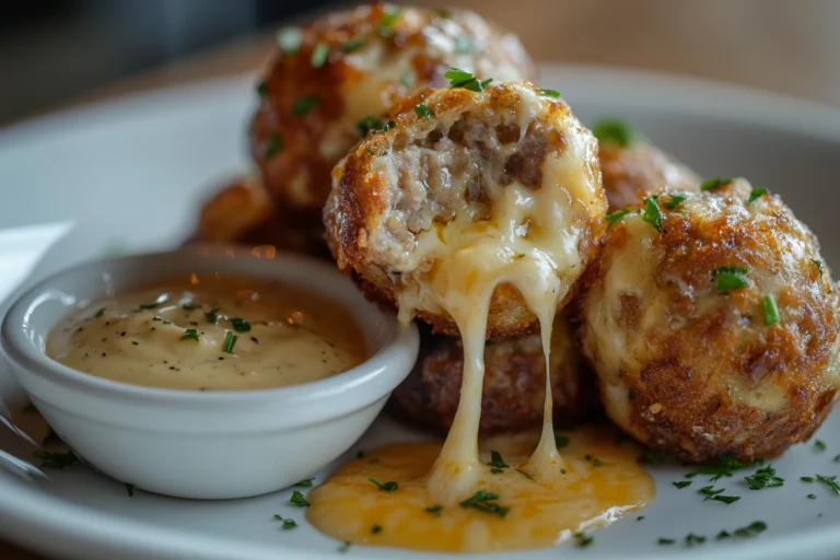 A close-up of sausage balls with melted cheese oozing out, garnished with fresh herbs, and served with a creamy dipping sauce.