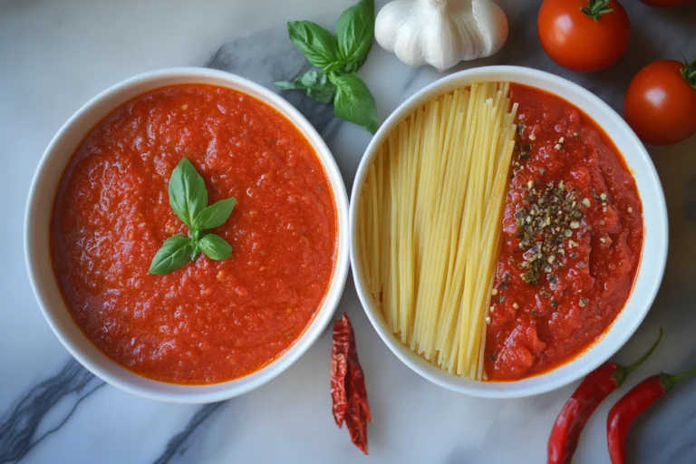 Two bowls side by side, one filled with arrabbiata sauce garnished with basil, and the other containing spaghetti and arrabbiata sauce topped with chili flakes. Surrounding the bowls are fresh tomatoes, garlic, basil leaves, and red chili peppers.