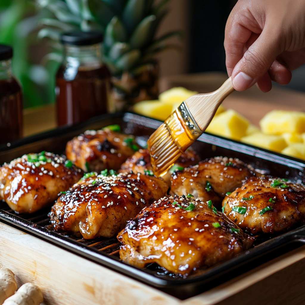A person brushing glaze on Huli Huli chicken thighs on a grill pan, surrounded by pineapple chunks and sauce bottles.
