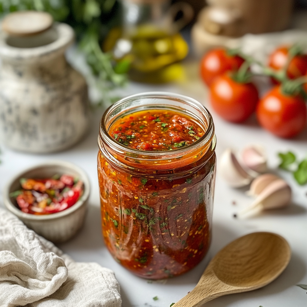 A jar of freshly made tomato sauce with herbs, surrounded by fresh tomatoes, garlic, dried chili peppers, and olive oil in a cozy kitchen setting.