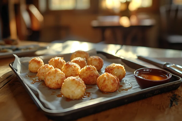 A tray of golden-brown pancake sausage balls served with a bowl of maple syrup in a cozy kitchen setting.
