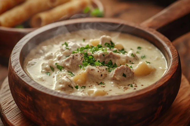 Best substitute for sour cream in Stroganoff shown as a creamy dish served in a rustic wooden bowl, garnished with parsley, offering a dairy-free or alternative option for the classic recipe.