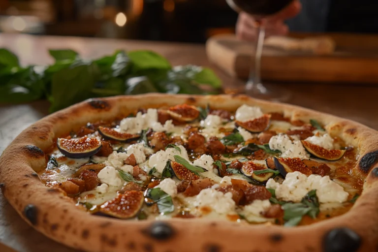 A gourmet pizza topped with fresh figs, creamy goat cheese, caramelized nuts, and fresh basil on a golden, wood-fired crust.