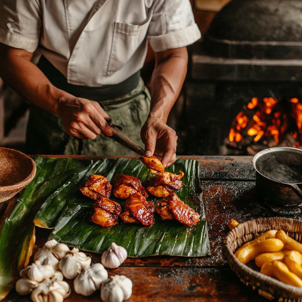 A chef preparing marinated chicken on banana leaves in a rustic kitchen with a wood-fired oven in the background