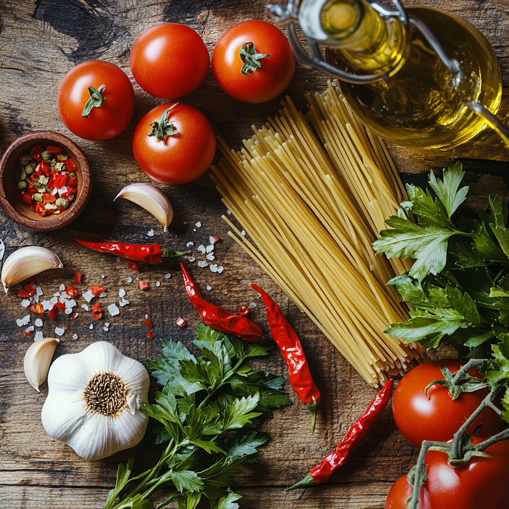 Fresh ingredients for Spaghetti Arrabiata including tomatoes, garlic, chili peppers, pasta, parsley, and olive oil.