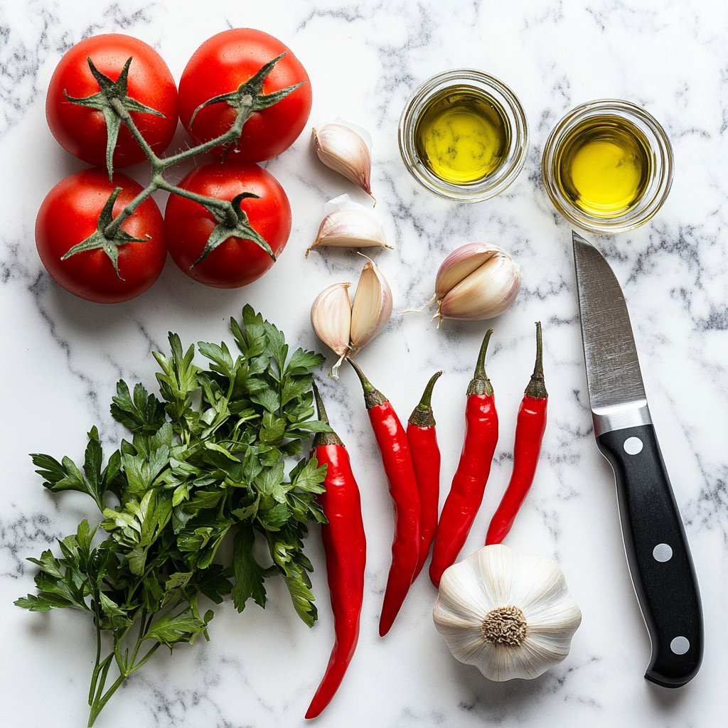 Key ingredients for Arrabiata sauce, including tomatoes, garlic, chili peppers, parsley, olive oil, and a knife.