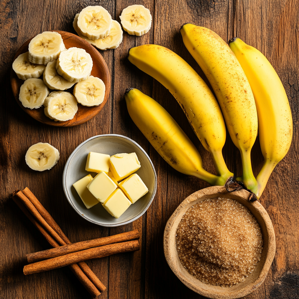 A flat lay of fresh bananas, sliced banana pieces, butter, brown sugar, and cinnamon sticks arranged on a wooden surface.