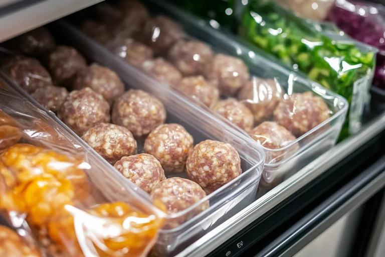 A freezer drawer filled with uncooked sausage balls, neatly packed in plastic containers.
