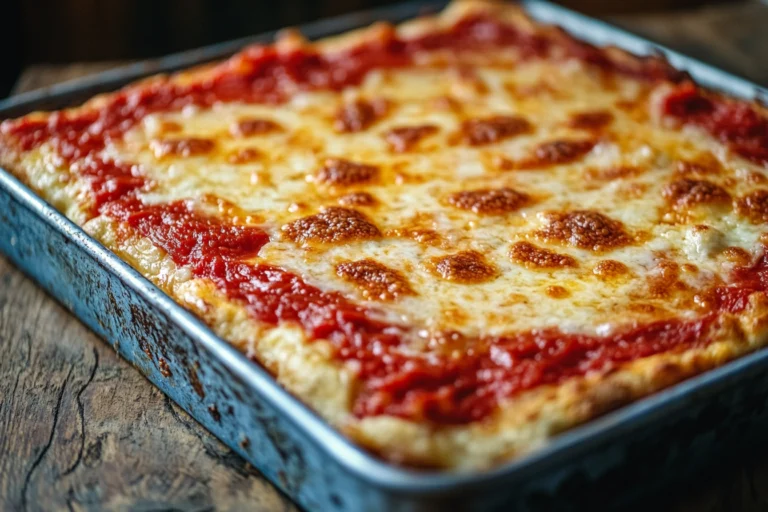A freshly baked Detroit-style pizza with caramelized cheese edges, a crispy golden crust, and signature sauce-on-top layering in a well-seasoned blue steel pan.