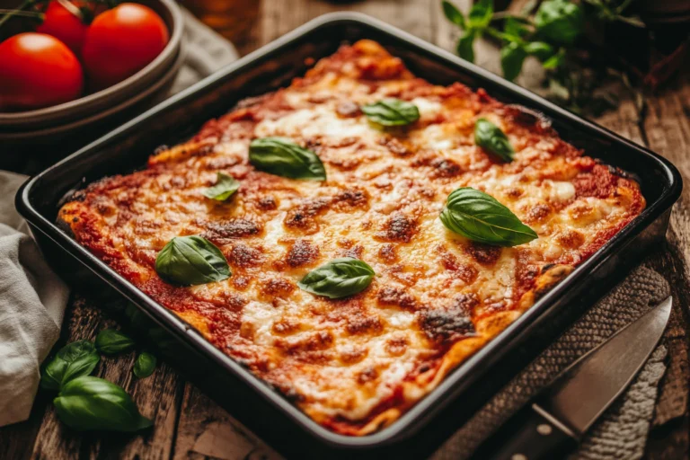 A freshly baked Grandma-style pizza in a black rectangular pan, topped with melted cheese, tomato sauce, and fresh basil leaves.