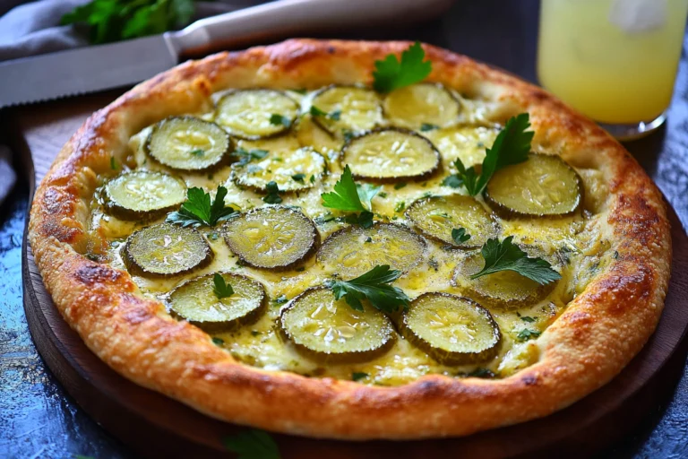 A freshly baked pickle pizza topped with sliced pickles, melted cheese, and parsley garnished on a wooden serving board.